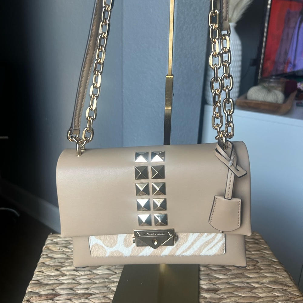 Studded Beige Leather Shoulder Bag